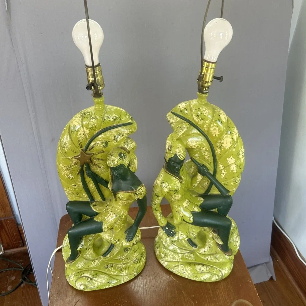Set Of Continental Art Co Chalkware Lamps MCM Tinkerbell Peter Pan 50's Works
